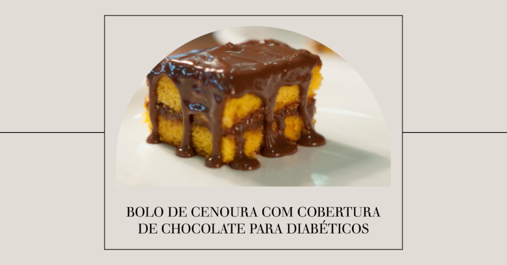 Bolo de Cenoura com Cobertura de Chocolate para Diabéticos. O Bolo de Cenoura com Cobertura de Chocolate para Diabéticos é uma sobremesa saudável e deliciosa. A cenoura, os ovos e o óleo são batidos no liquidificador e depois misturados com a farinha, o adoçante e o fermento. A massa é assada até ficar dourada e, enquanto isso, uma cobertura de chocolate sem açúcar é preparada. Depois de pronto, o bolo é coberto com o chocolate e deixado para esfriar antes de ser servido. Esta receita é a opção perfeita para uma sobremesa ou lanche da tarde saudável para diabéticos, oferecendo um doce com baixo índice glicêmico.